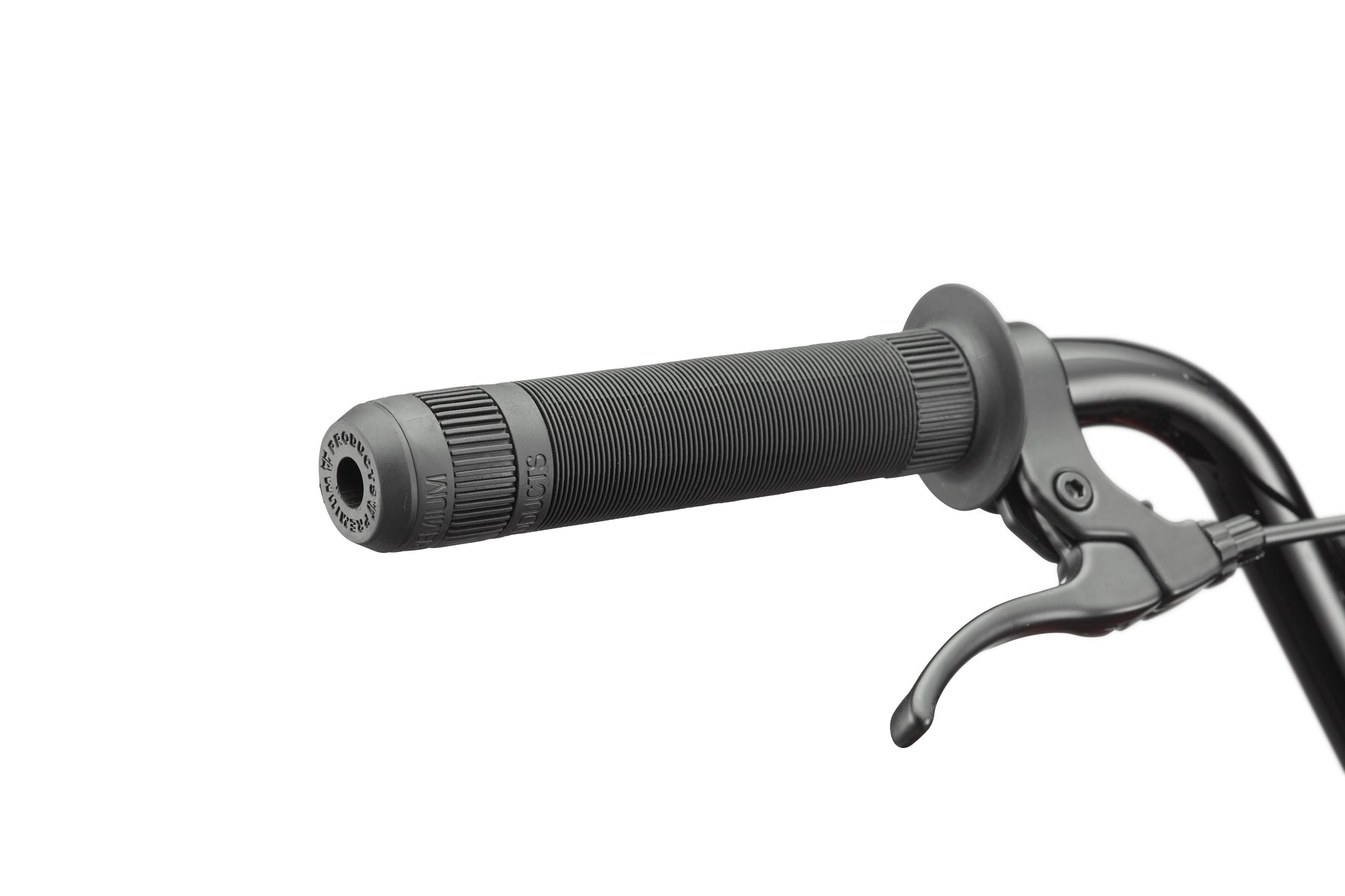 Close-up of a Haro Downtown 20 BMX handlebar with textured grip and brake lever against a white background.