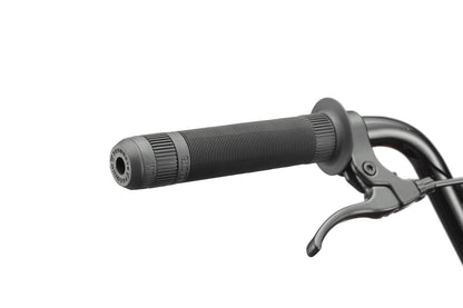 Close-up of a Haro Downtown 20 BMX handlebar with textured grip and brake lever against a white background.