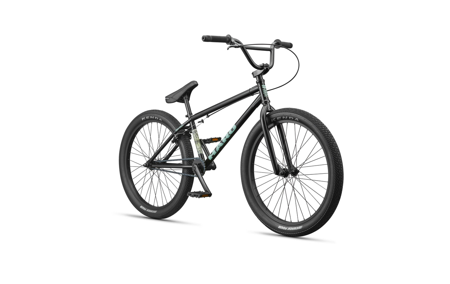 The Downtown 24 is a black Haro BMX bike featuring 24" wheels, a black seat, and straight handlebars on a white background.