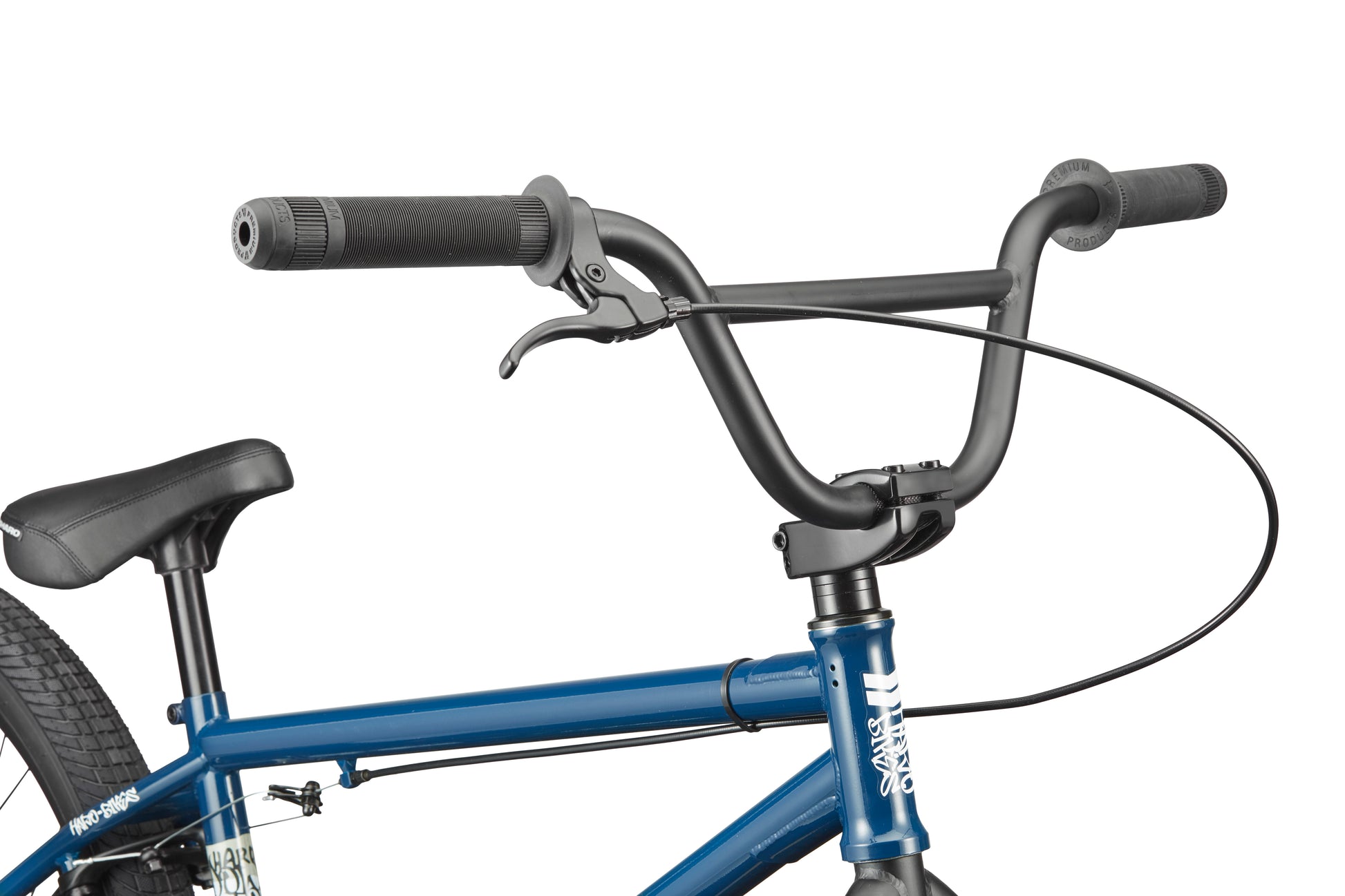 Close-up of the Downtown 24's handlebars, brake lever, and blue frame with 24” wheels, highlighting its modern versatility.