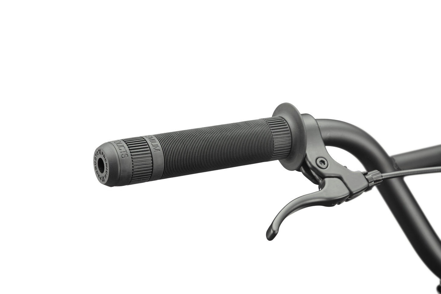 Close-up of a black Downtown 24 BMX handlebar with textured rubber grip and brake lever, highlighting modern versatility.