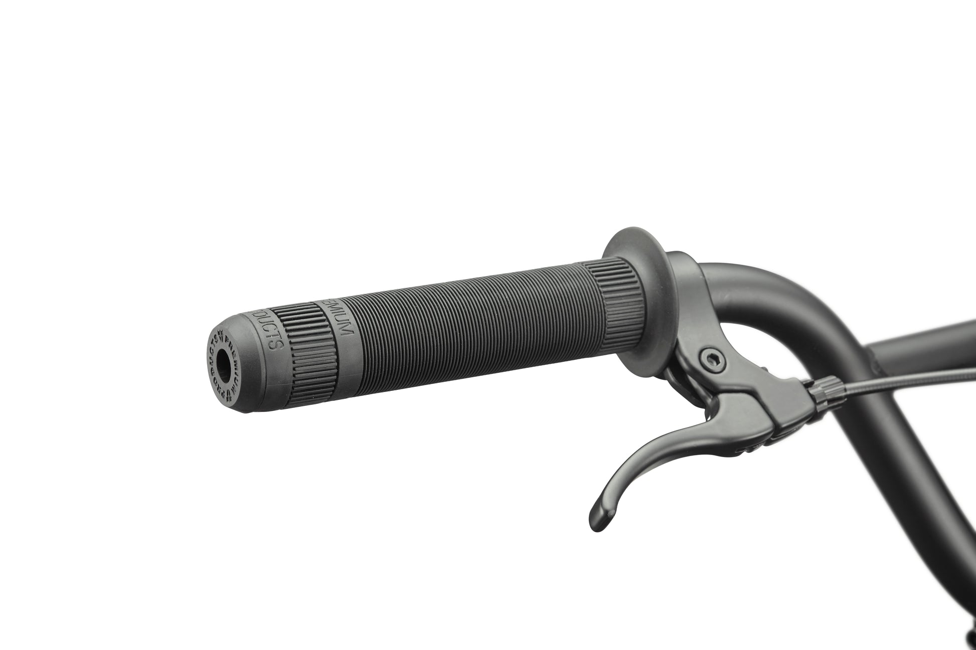 Close-up of a black Downtown 24 BMX handlebar with textured rubber grip and brake lever, highlighting modern versatility.