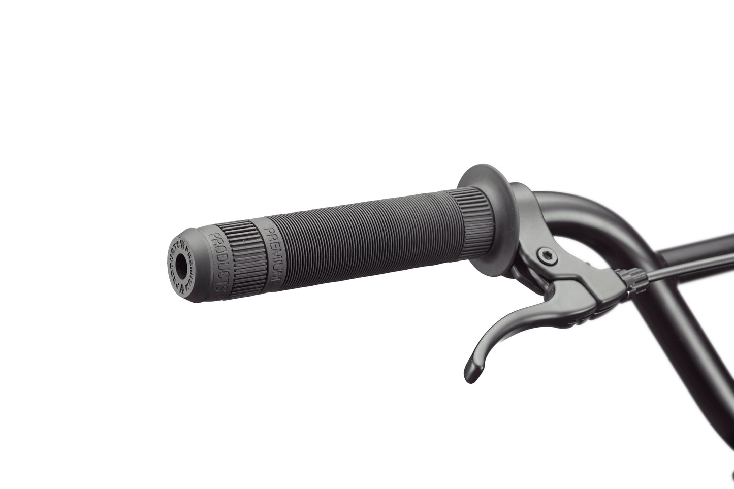 Close-up of a black Downtown 24 BMX handlebar grip and brake lever, showcasing modern versatility against a white background.