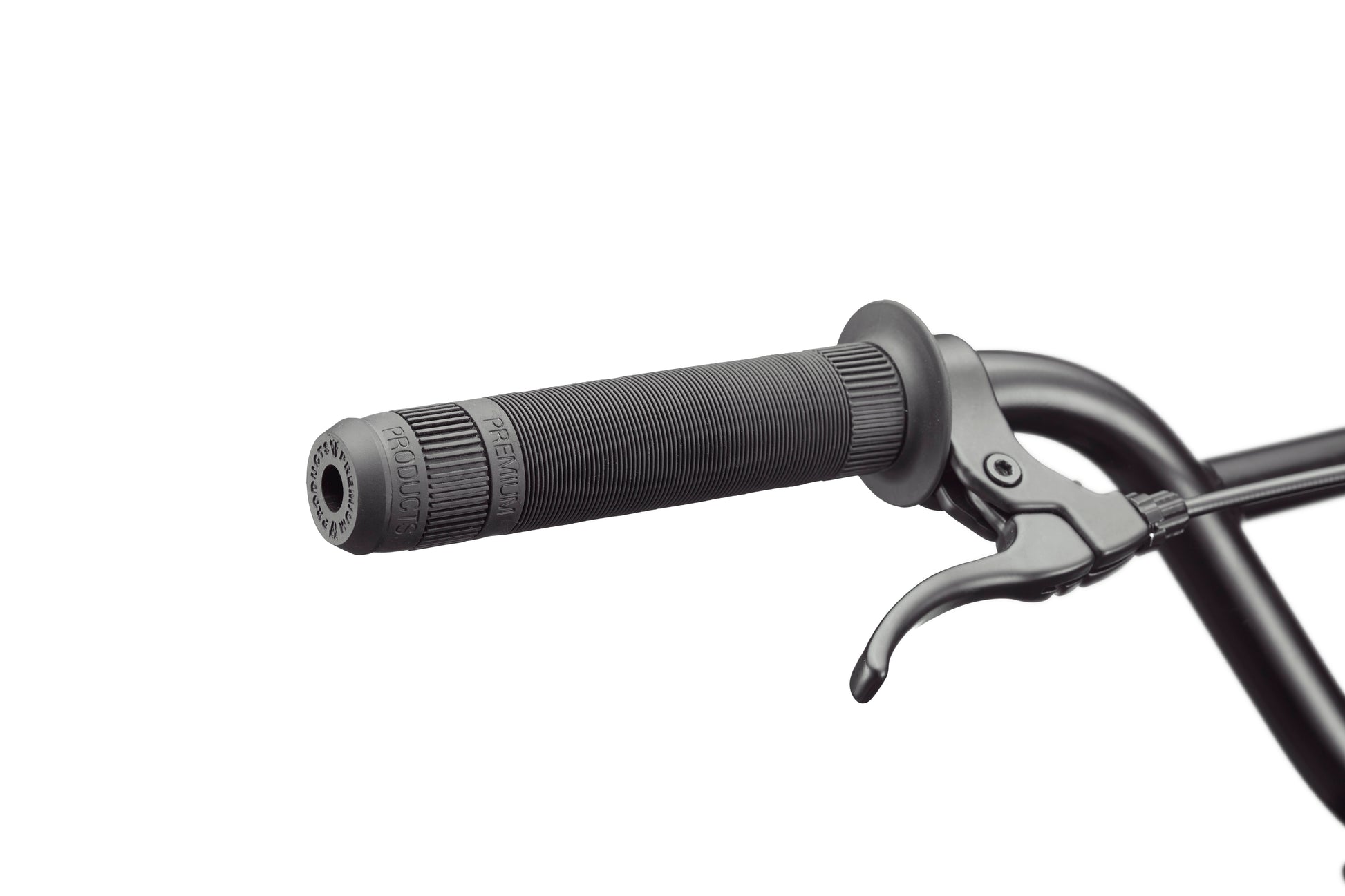Close-up of a black Downtown 24 BMX handlebar grip and brake lever, showcasing modern versatility against a white background.