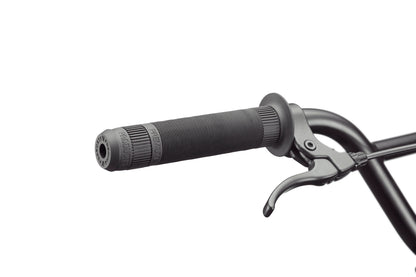 Close-up of a black Downtown 24 BMX handlebar grip and brake lever, showcasing modern versatility against a white background.