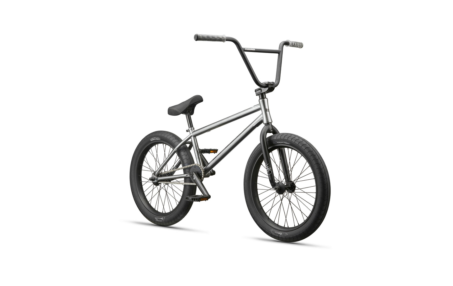 A silver Hoover BMX bike with black tires, hub guards, and handlebars, shown angled on a white background.