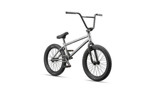 A silver Hoover BMX bike with black tires, hub guards, and handlebars, shown angled on a white background.
