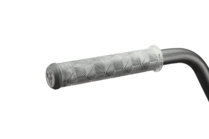 Close-up of a Hoover bicycle handlebar with a textured gray rubber grip and emblem, ideal for street BMX riders, on white background.