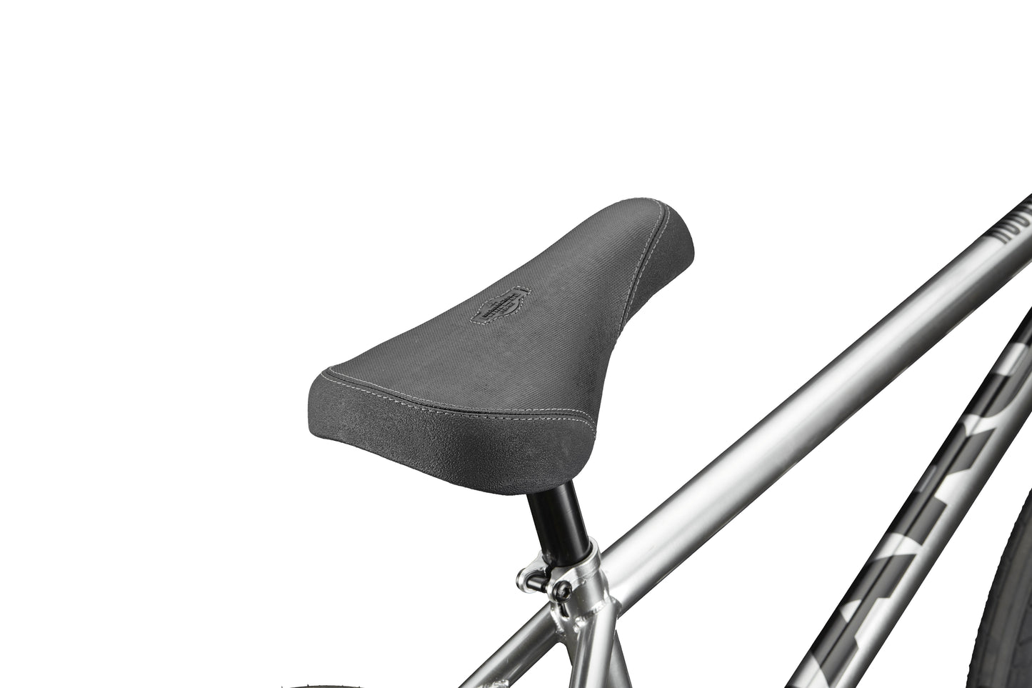 Close-up of a black Hoover BMX bike seat on a silver frame against a white background.
