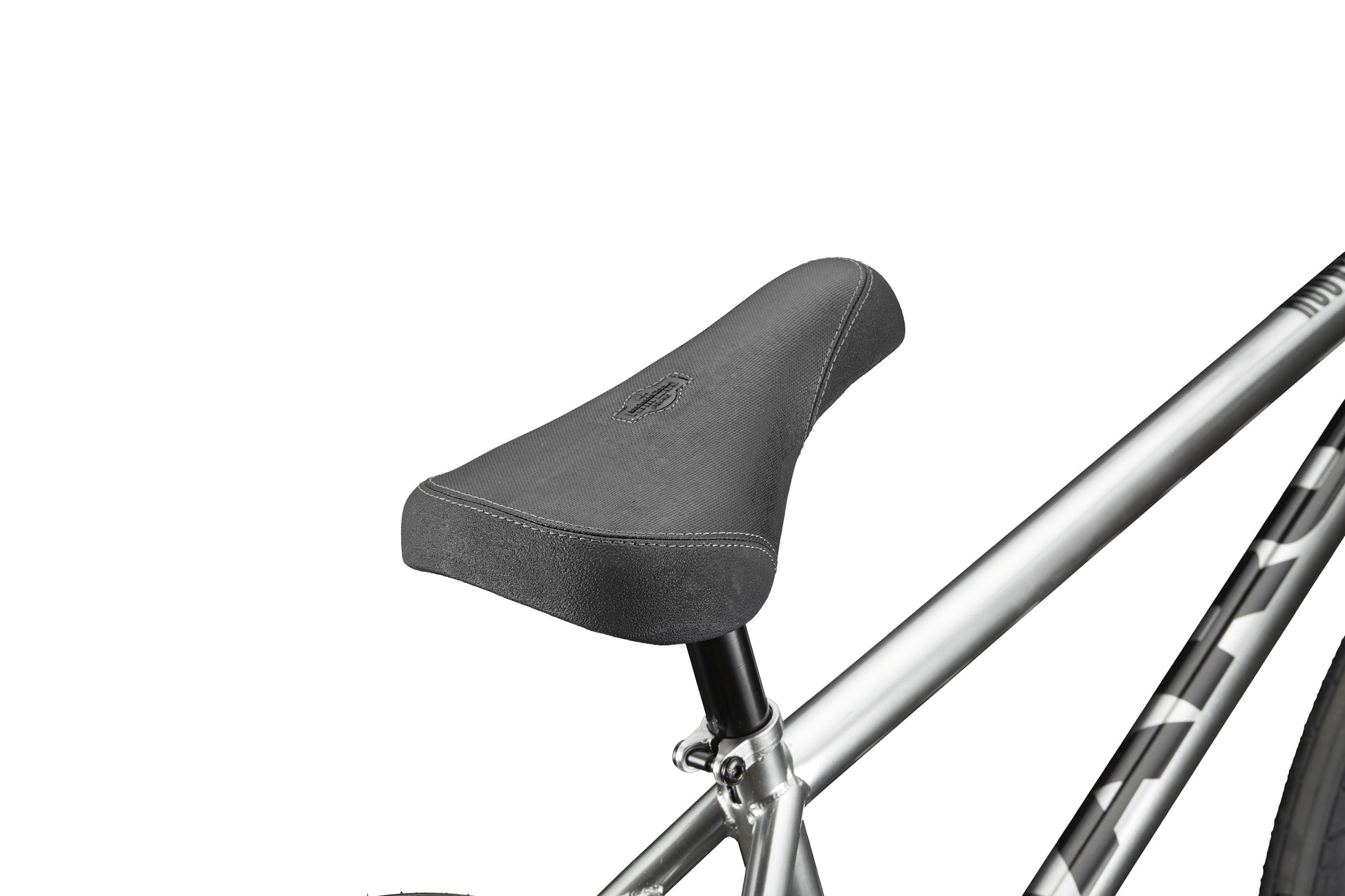 Close-up of a black Hoover BMX bike seat on a silver frame against a white background.