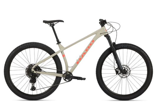 A gray Double Peak 1 mountain bike with Rock Shox Judy fork, black wheels, disc brakes, and red Haro logo on the frame.