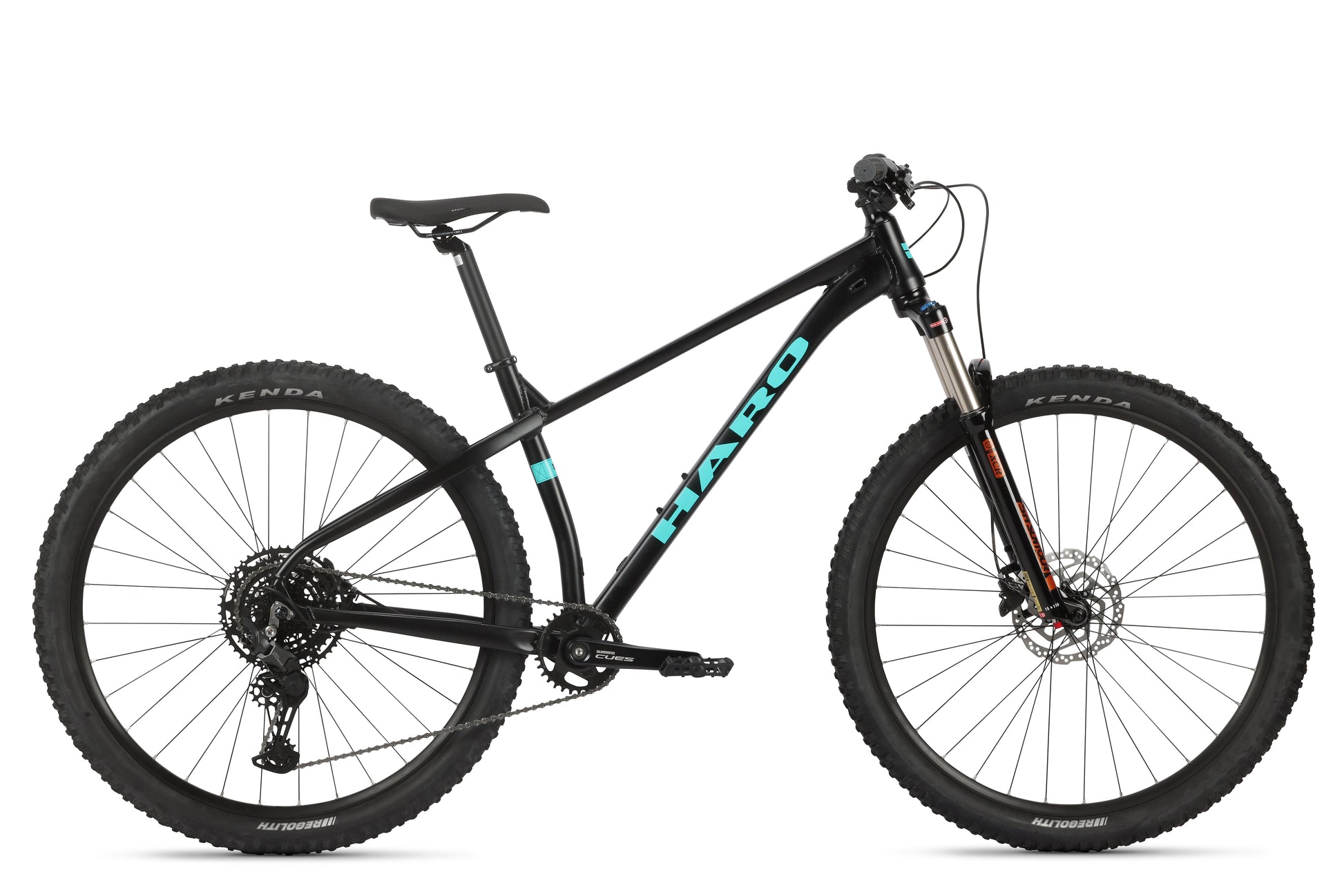 The Double Peak 2: a sleek black mountain bike with teal accents, aluminum frame, SR Suntour fork, knobby tires, and streamlined design.