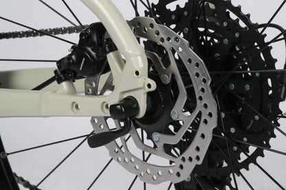 Close-up of the Double Peak 2s rear disc brake with Shimano hydraulic brakes and black spokes on a light gray background.