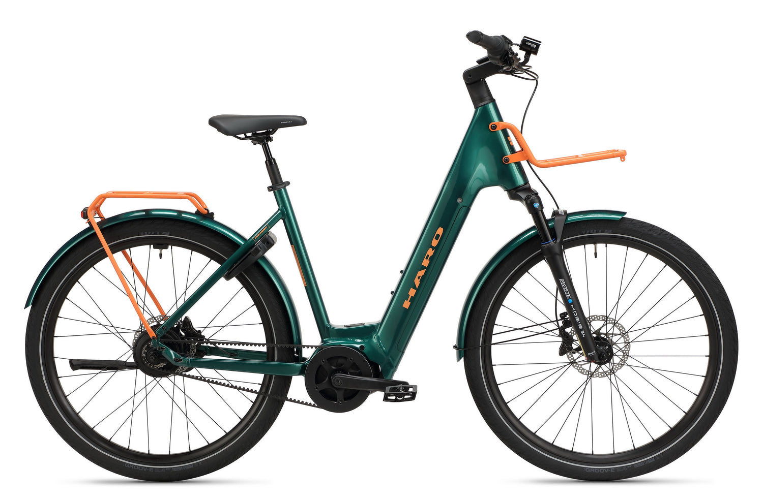 The Haro Bikes Escondido 1 e-bike, green and orange with racks, fenders, and step-through frame, side view on white.