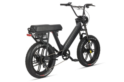 The Skwad 1 is a black E-bike with fat tires, 750W motor, pedal assist, rear cargo rack, and a horizontal seat against a white backdrop.