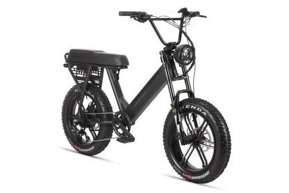 Skwad 1 black e-bike features thick tires, a rectangular seat, front suspension fork, 750W motor, and pedal assist levels on white background.