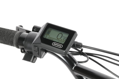 Close-up of Skwad 1 E-bike handlebar with digital display and textured grip, powered by a 750W motor showing speed in km/h.