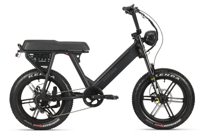 Side view of Skwad 1 E-bike in black with a 750W motor, thick tires, minimalist frame design, and pedal assist.