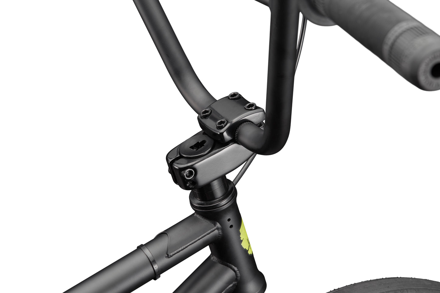 Close-up of BLVD bike's black handlebars, stem, and front frame with balanced geometry against a white background.