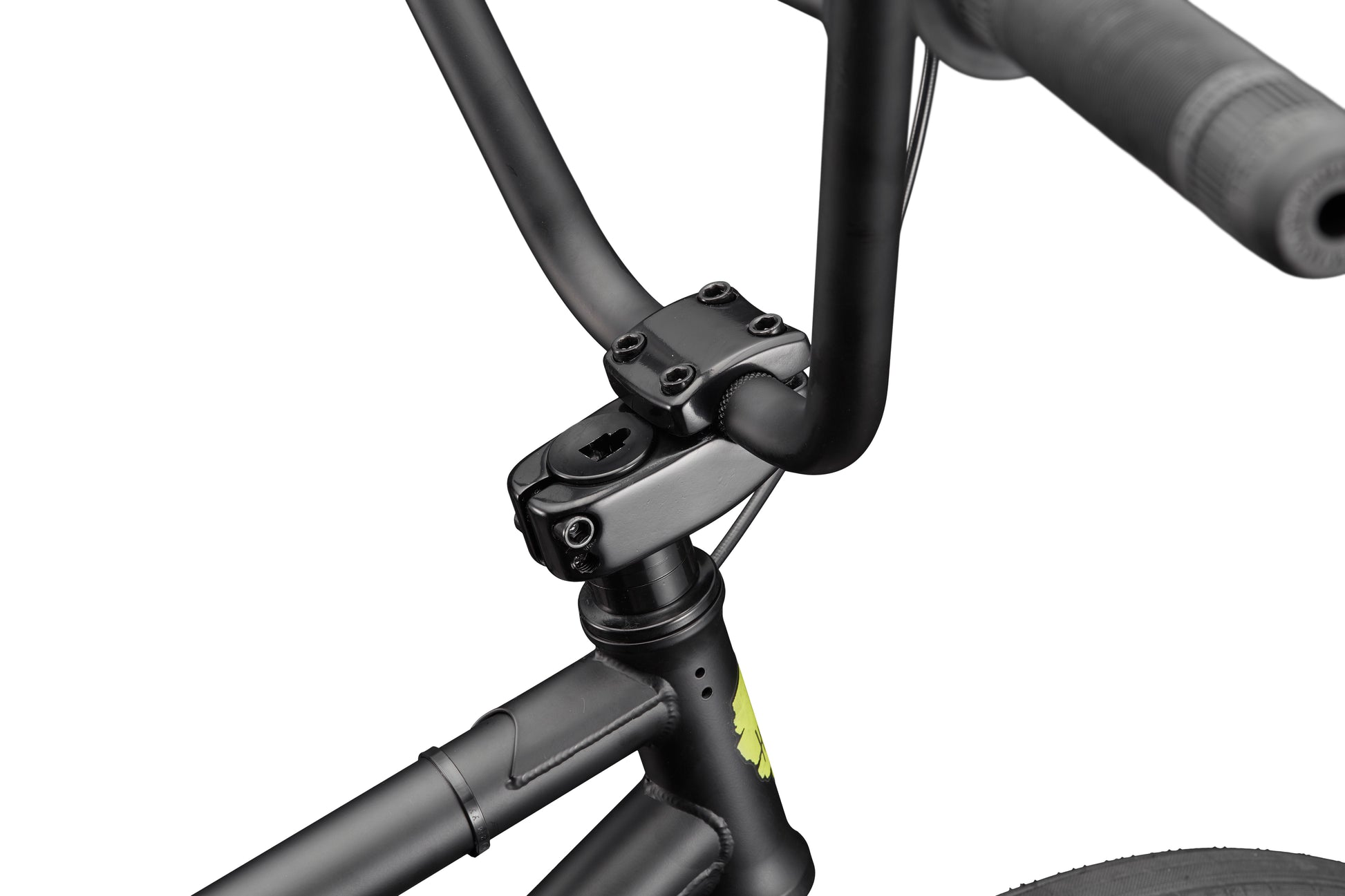 Close-up of BLVD bike's black handlebars, stem, and front frame with balanced geometry against a white background.