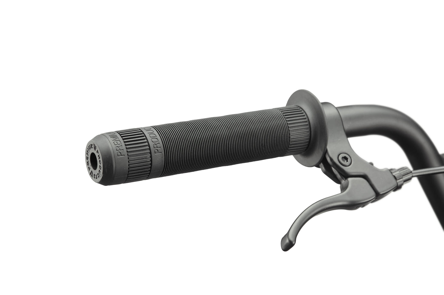 Close-up of the BLVD bike's black handlebar with textured grip and brake lever, highlighting versatile performance.