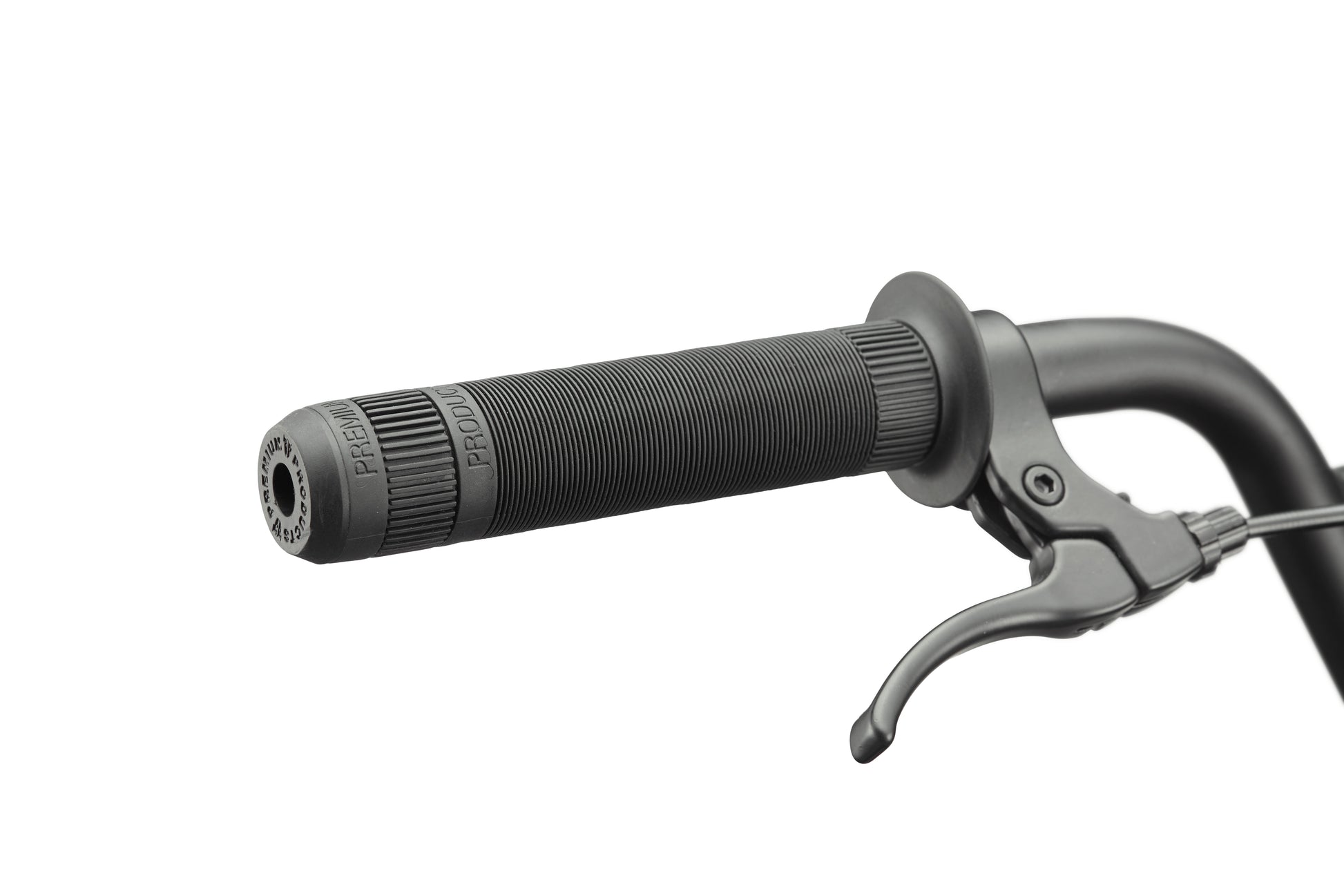 Close-up of the BLVD bike's black handlebar with textured grip and brake lever, highlighting versatile performance.