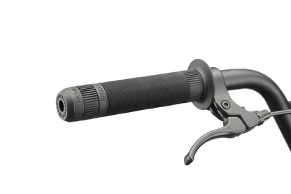 Close-up of the BLVD bike's black handlebar with textured grip and brake lever, highlighting versatile performance.