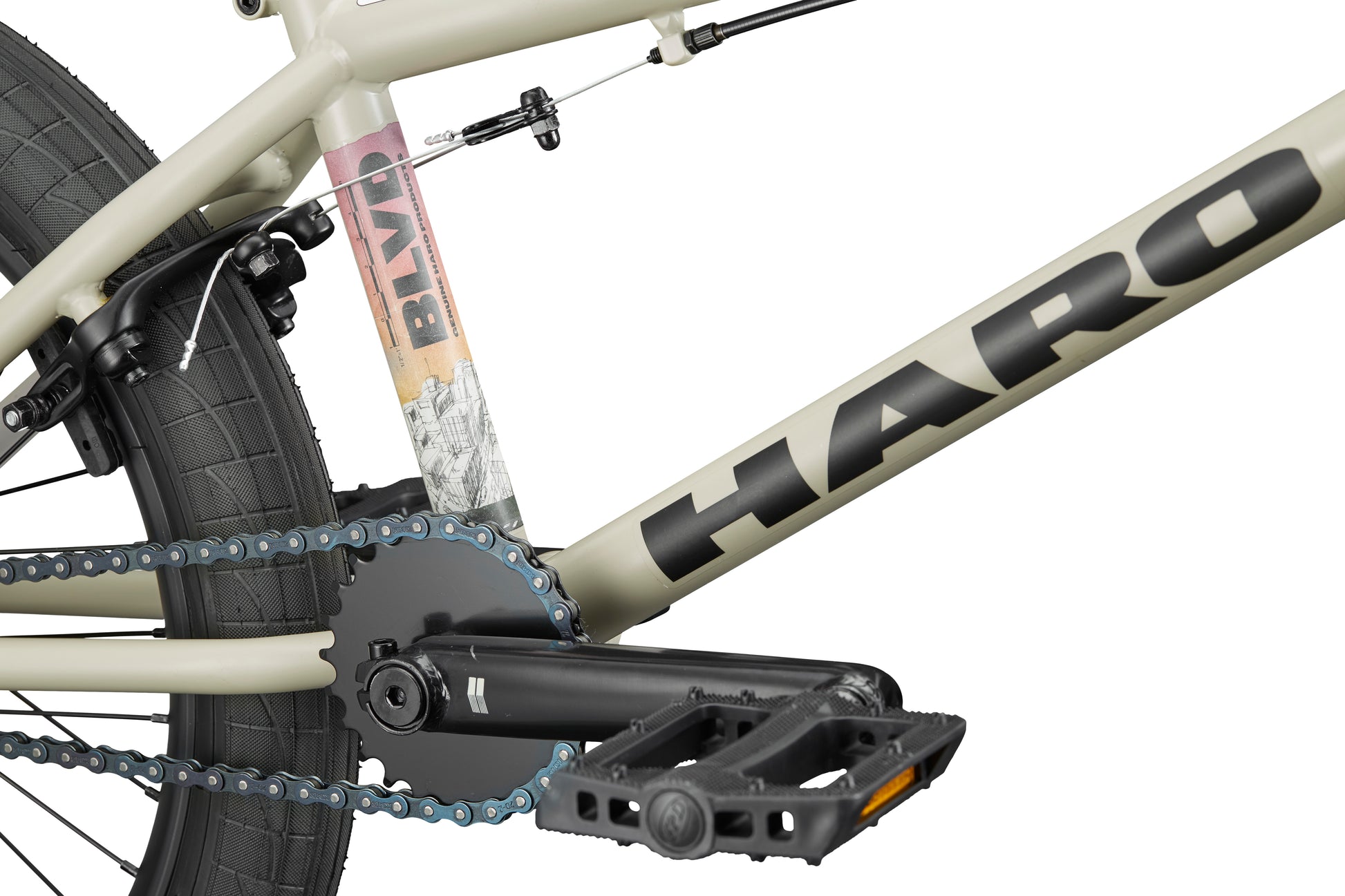 Close-up of the BLVD bike frame with branding, highlighting all-around performance in the pedal, chain, wheel, and seat tube features.