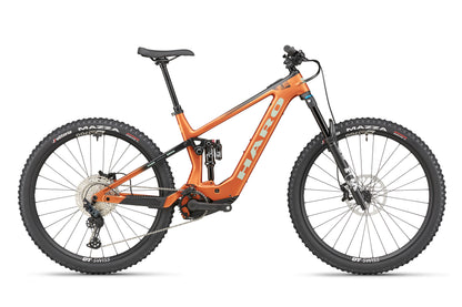 The eDaley Carbon 2, an orange full-suspension mountain bike with thick tires and Shimano SLX brakes, shown side profile.