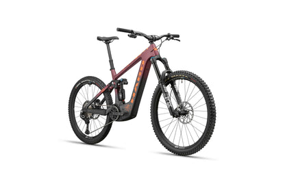 Front view of the maroon eGreer Carbon 1 electric mountain bike with thick tires, FOX Factory suspension, and matte black fork.
