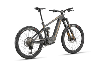 The eGreer Carbon Top Shelf: full-suspension ebike with thick tires, carbon frame, branding, and Bosch Performance Line CX.