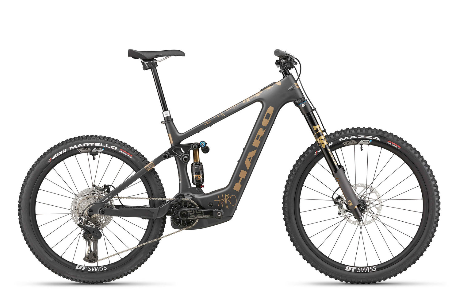The eGreer Carbon Top Shelf is a matte black and gold ebike with Bosch CX, large tires, full suspension, and HARO branding.