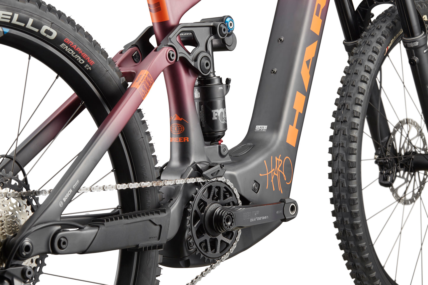 Close-up of eGreer Carbon 1's rear with FOX Factory suspension, Bosch CX motor, and detailed frame components.