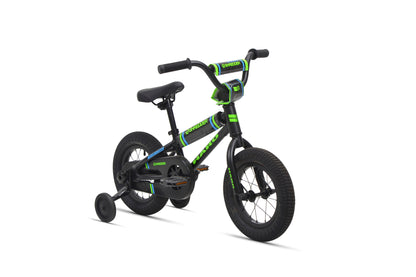 Shredder 12 kids pedal bike in black and green with training wheels, displayed on a white background.