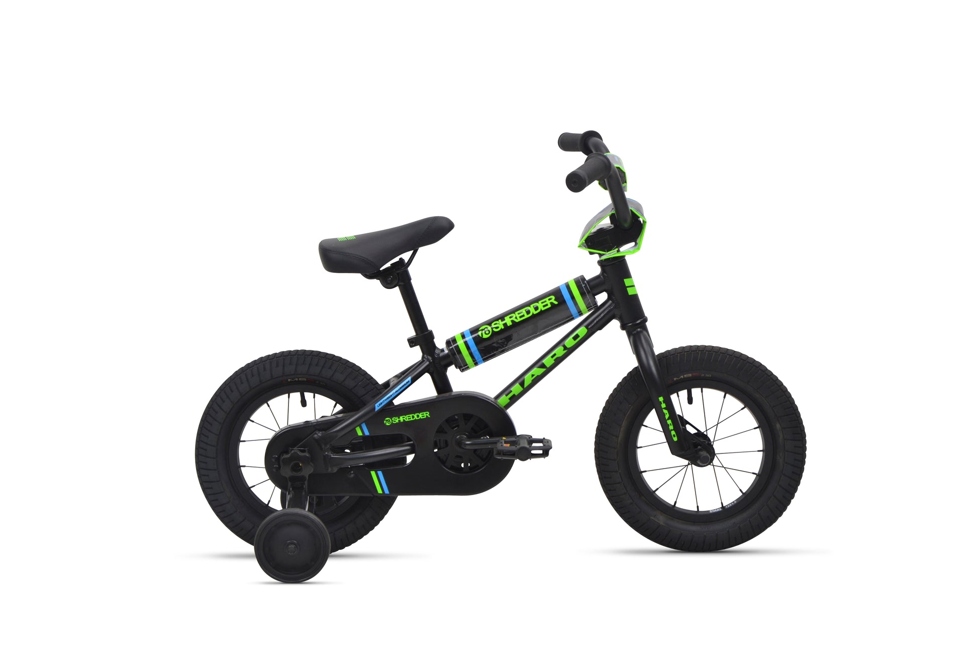 The Shredder 12 is a black and green kids’ pedal bike with thick tires and training wheels, shown in a side view.
