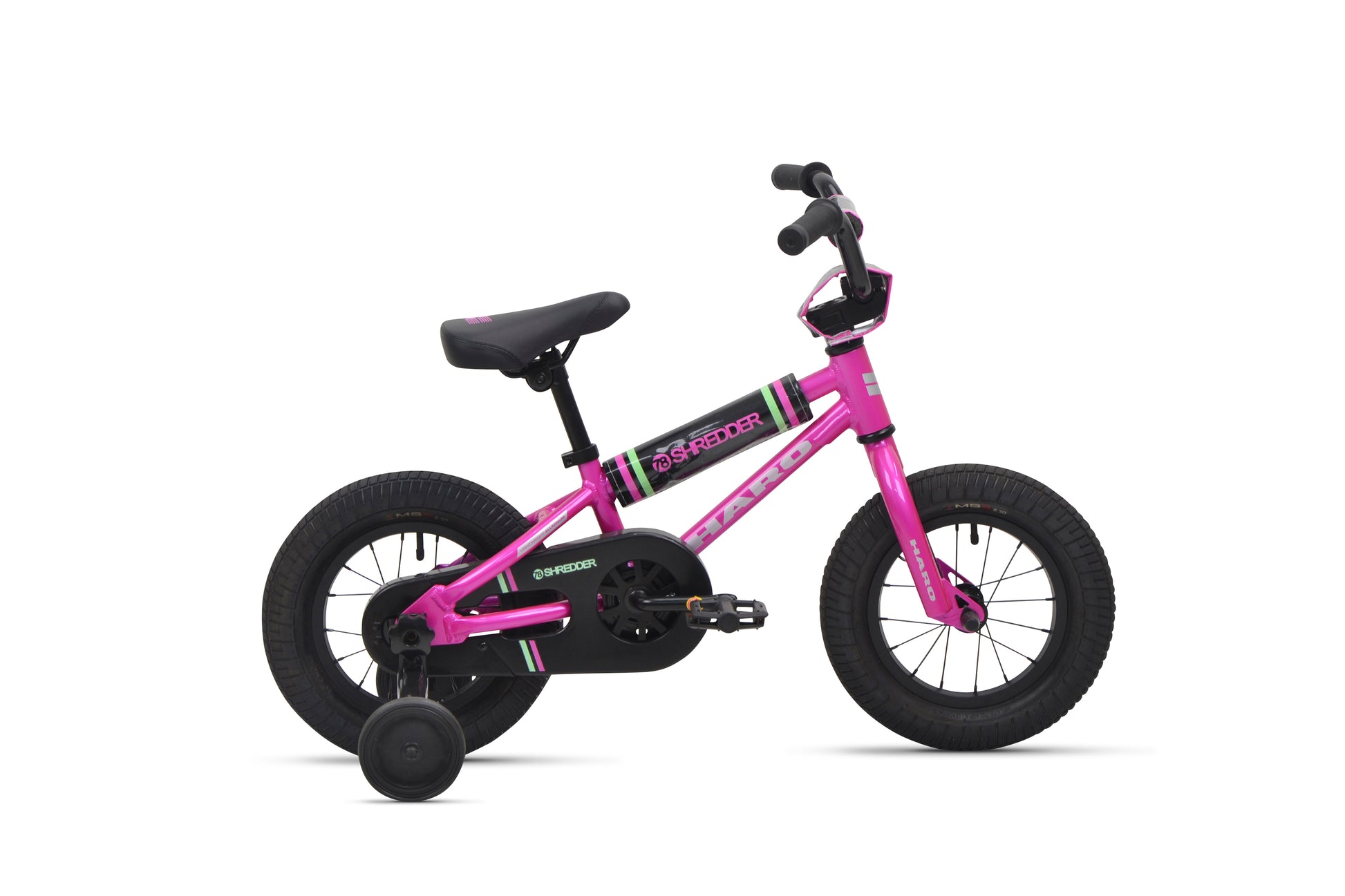 Shredder 12 kids pedal bike in pink, with training wheels, black seat and handlebars, shown on a white background.