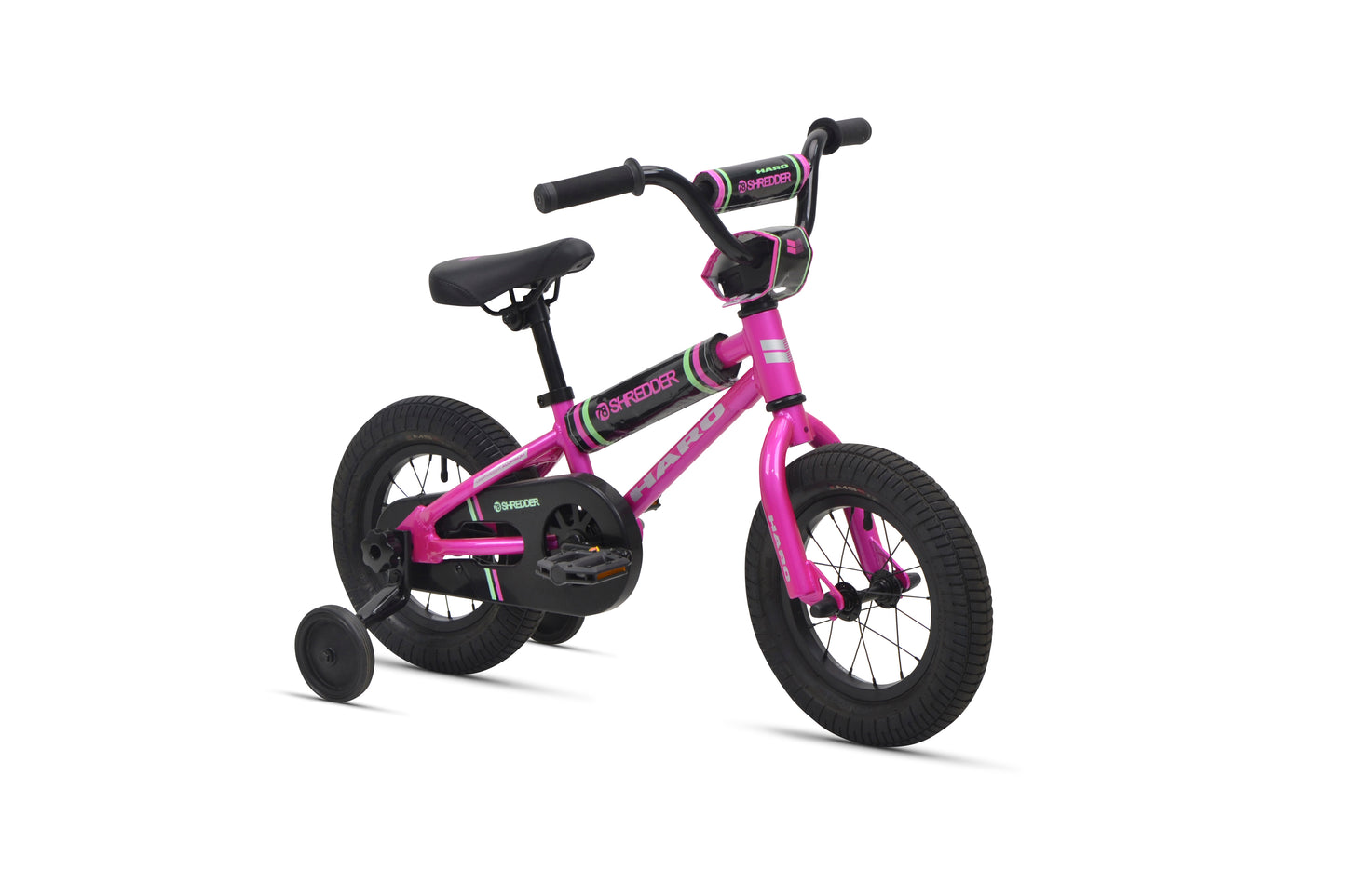 Shredder 12: small pink kids pedal bike with training wheels, black seat and handlebars on white background.