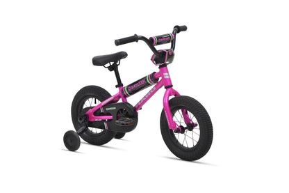 Shredder 12: small pink kids pedal bike with training wheels, black seat and handlebars on white background.