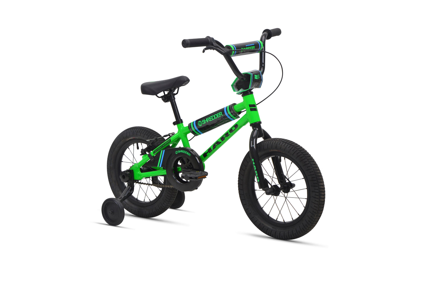 Shredder 14: Lightweight green kids' bike with training wheels, black seat/handlebars, and a durable alloy low-profile frame.