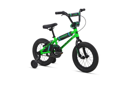 Shredder 14: Lightweight green kids' bike with training wheels, black seat/handlebars, and a durable alloy low-profile frame.