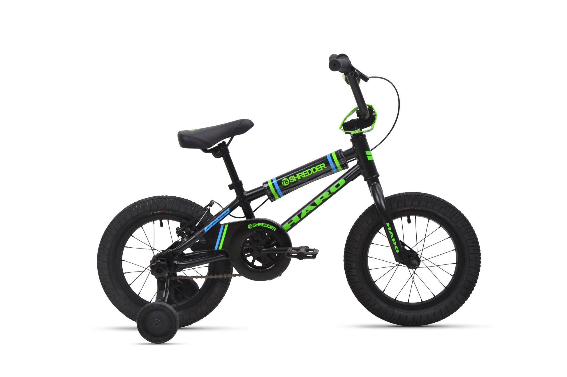 Shredder 14 kids' bike, black/green, lightweight alloy frame with training wheels, side view on white background.