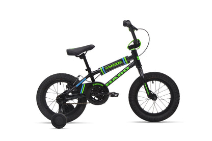 Shredder 14 kids' bike, black/green, lightweight alloy frame with training wheels, side view on white background.