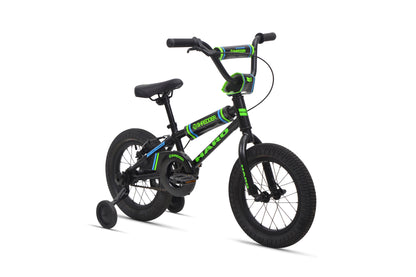 The Shredder 14 is a black and green kids' bike with a strong alloy frame and training wheels, shown from a front side angle.