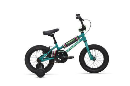 A teal Shredder 14 ST bike, lower top tube, black seat and training wheels, shown from the side on a white background.
