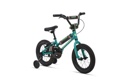 A teal Shredder 14 ST bike for girls with training wheels, black seat, low top tube, and black handlebars stands on white.