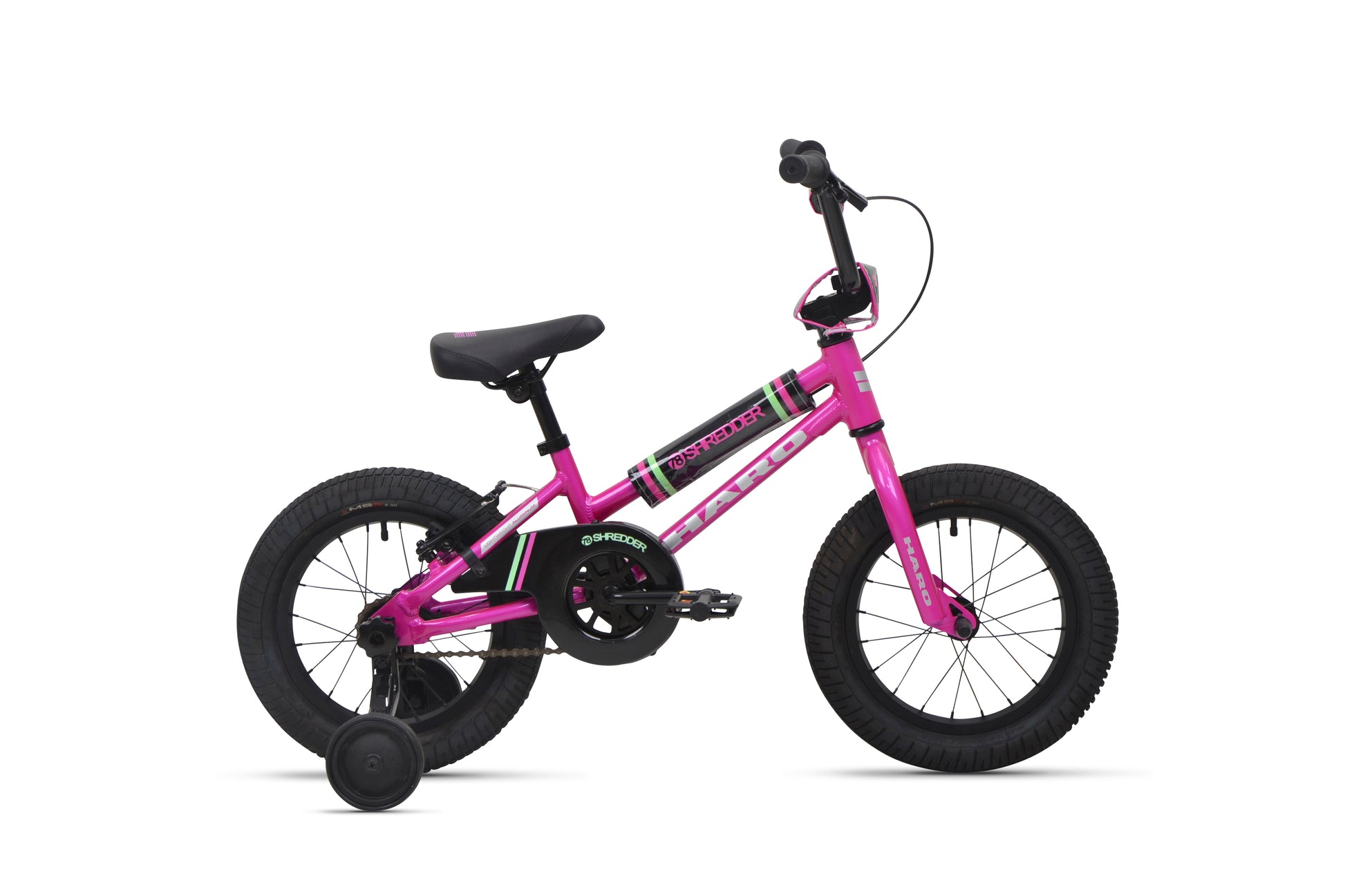 Shredder 14 ST: A small pink girl's bike with black wheels, pedals, handlebars, and training wheels on a white background.
