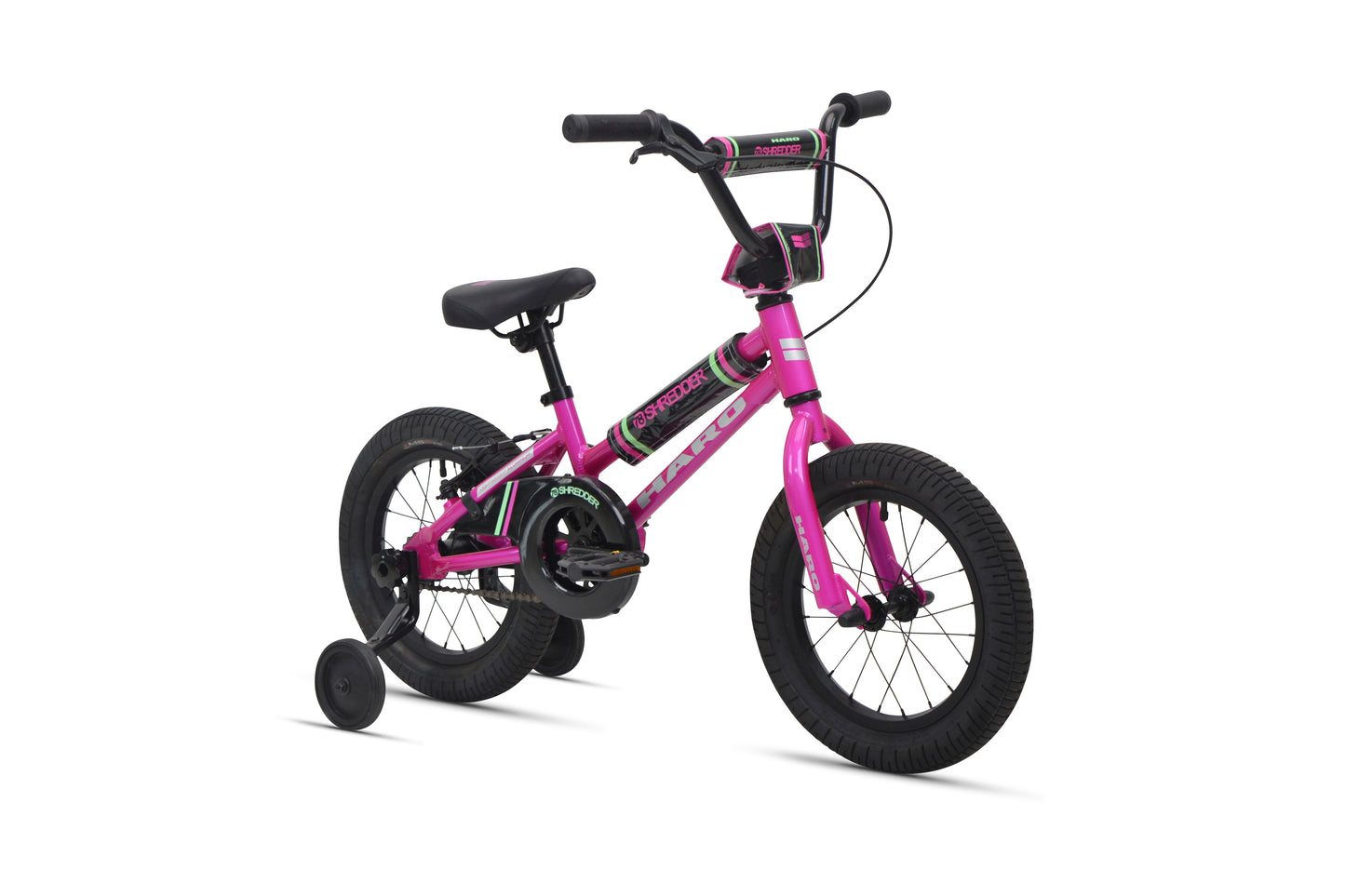 Shredder 14 ST girls' pink bike with low top tube, training wheels, black seat, and handlebars on white background.