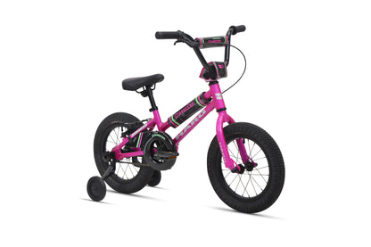 Shredder 14 ST girls' pink bike with low top tube, training wheels, black seat, and handlebars on white background.