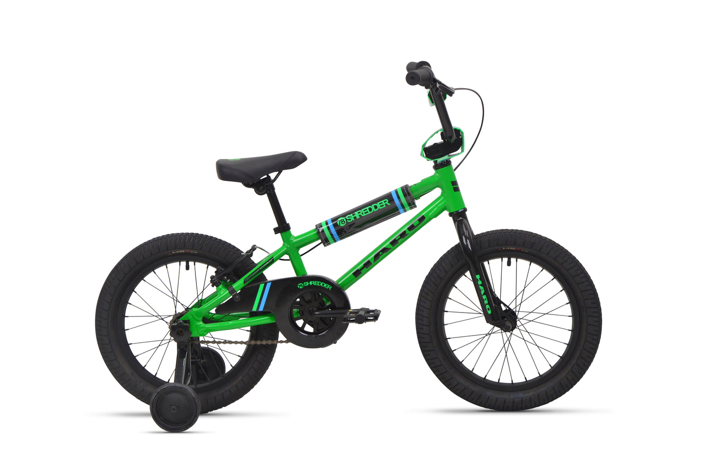 Shredder 16 children's bike with alloy frame, training wheels, black seat, and handlebars.