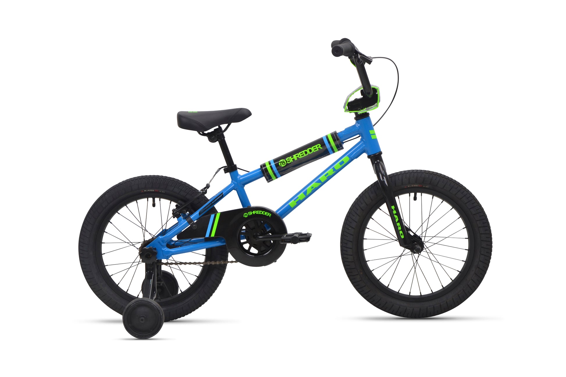 Shredder 16 kids' bike in blue/green with training wheels, alloy frame, black seat, and thick tires on white background.